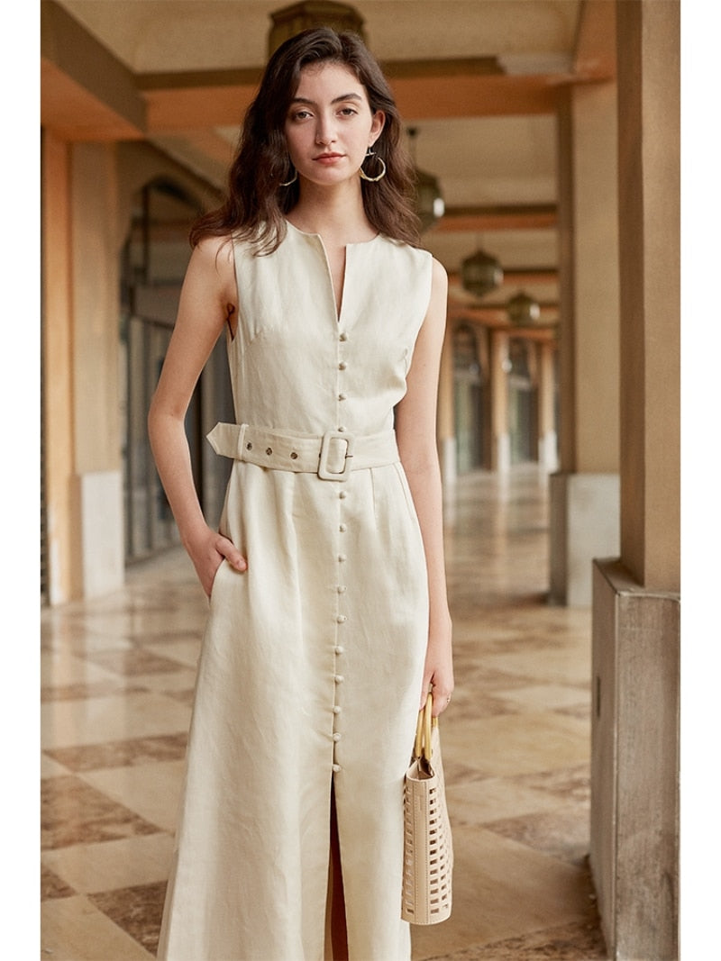 nvxiot Apricot Sashes High-end Long Dresses for Women 2023 Spring Summer Elegant  Office Lady Sleeveless Pockets A-Line Button Dress