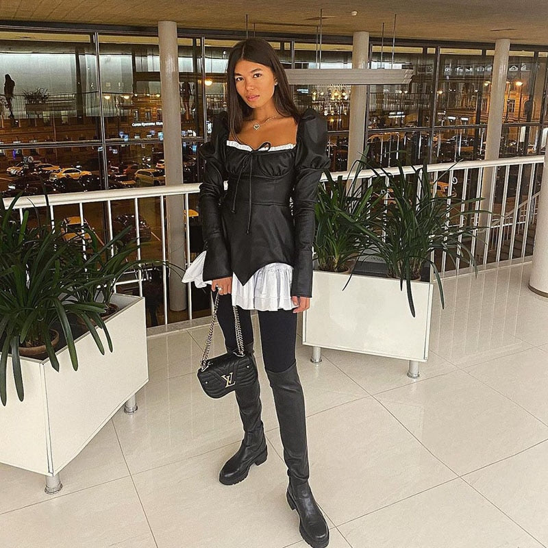 nvxiot Y2K Retro Low Cut Lace UP Dresses Women New Black Long Sleeve Fashion Leather Ruffle Dress Sexy Waist-Skimming Ladies Skirt