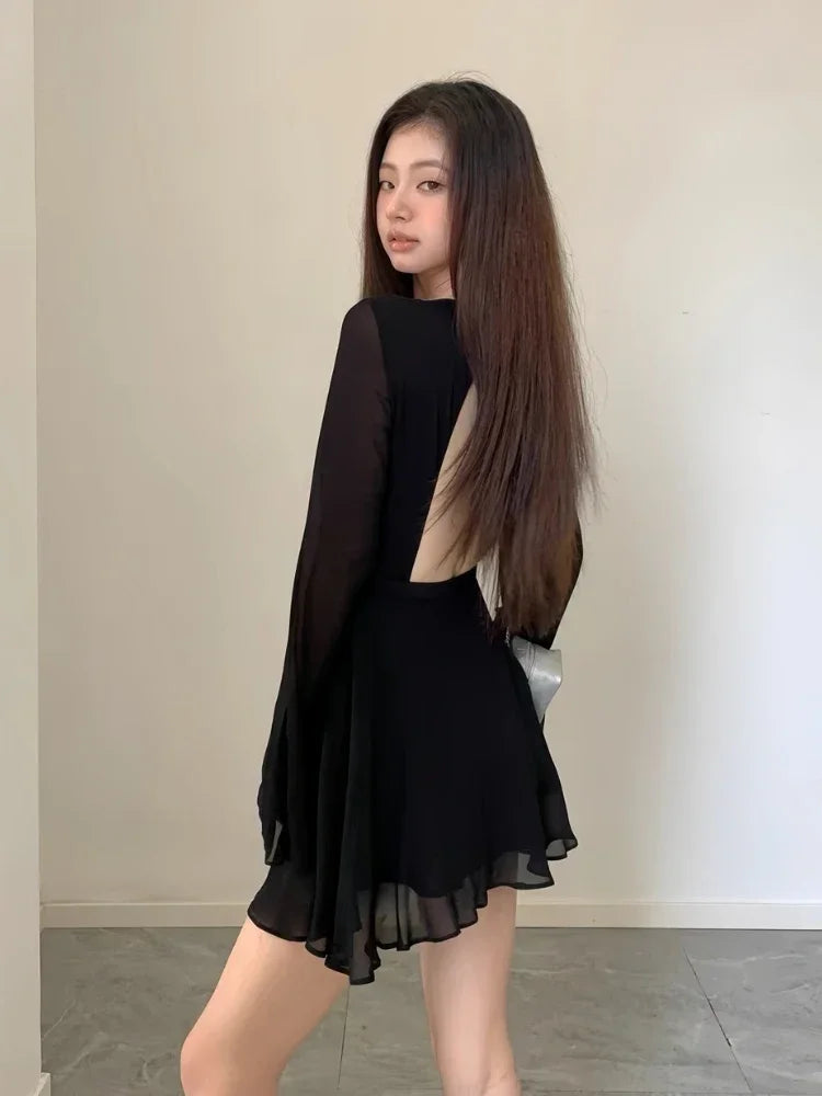 nvxiot Backless Black Dress Women Elegant Back Hollow Out Lace-up Long Sleeve Mesh Patchwork Sexy Slim Ruffle Mini Dress Party