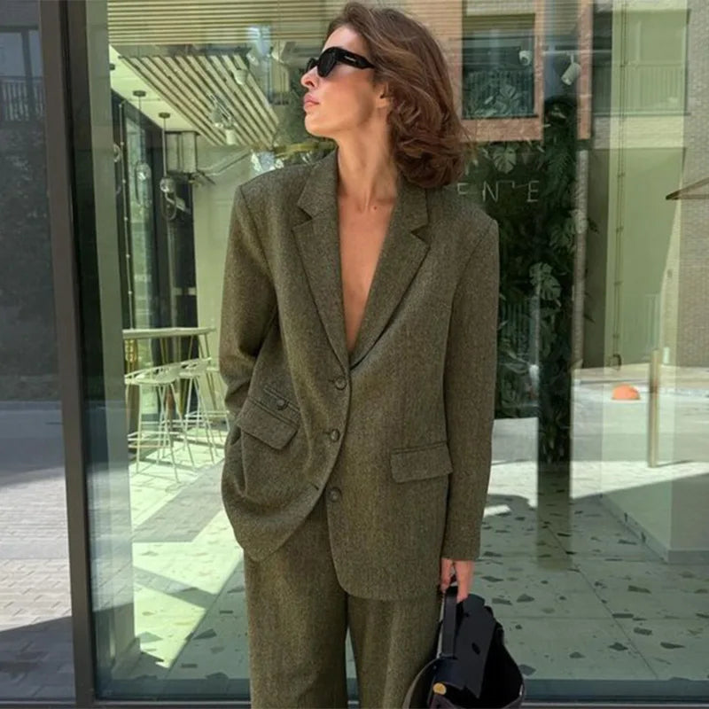 nvxiot  -  Casual 2 Pieces Sets For Women Elegant Turn-down Collar Long Sleeve Coat High Waist Trousers Loose Autumn Female  Commuter Suit