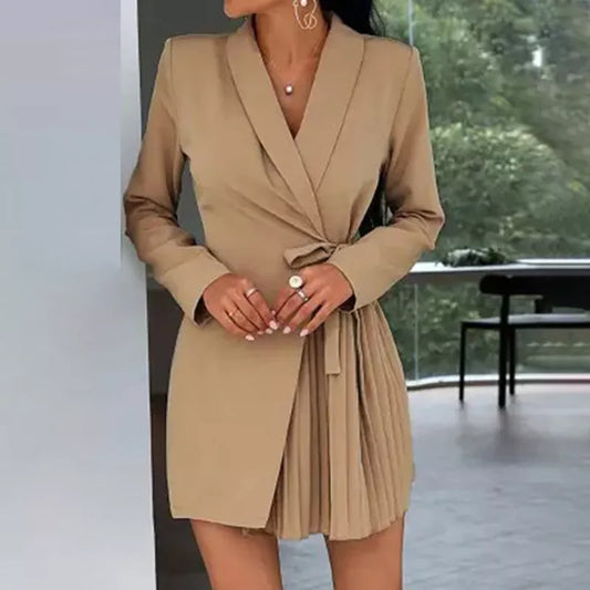 nvxiot Elegant V Neck Khaki Auturn Wrapped Dresses For Women Casual Long Sleeve Pleated Lace Up Office Ladies Mini Dress Vestido