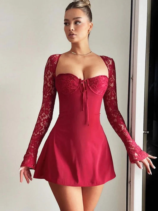 nvxiot 2024 Women's Lace Patchwork Red Short Dress Sexy Ladies Long Sleeve Backless High Waist Tunics Bandage Wedding Party Dresses