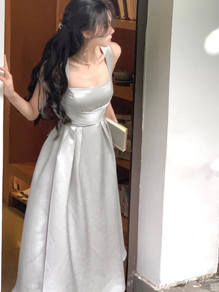 nvxiot  -   Elegant Sleeveless Midi Dresses for Women Solid Slim A-line Vintage Chic Wedding Evening Party Dress Prom Robe Vestidos Mujer