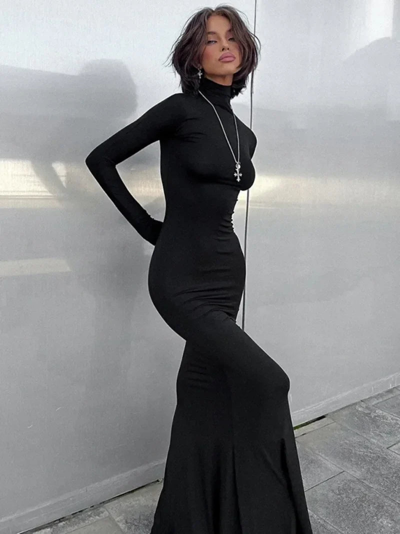 nvxiot Fashion Turtleneck Long Sleeve Slim Fit Long Dresses for Women 2024 Elegant Female High Waist Bodycon Solid Office Work Dress