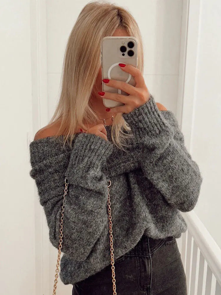 nvxiot Women Sexy Slash Neck Pullover Sweaters Long Sleeve Off Shoulder Cropped Knitted Top Female Elegant  Autumn Solid Knitwear