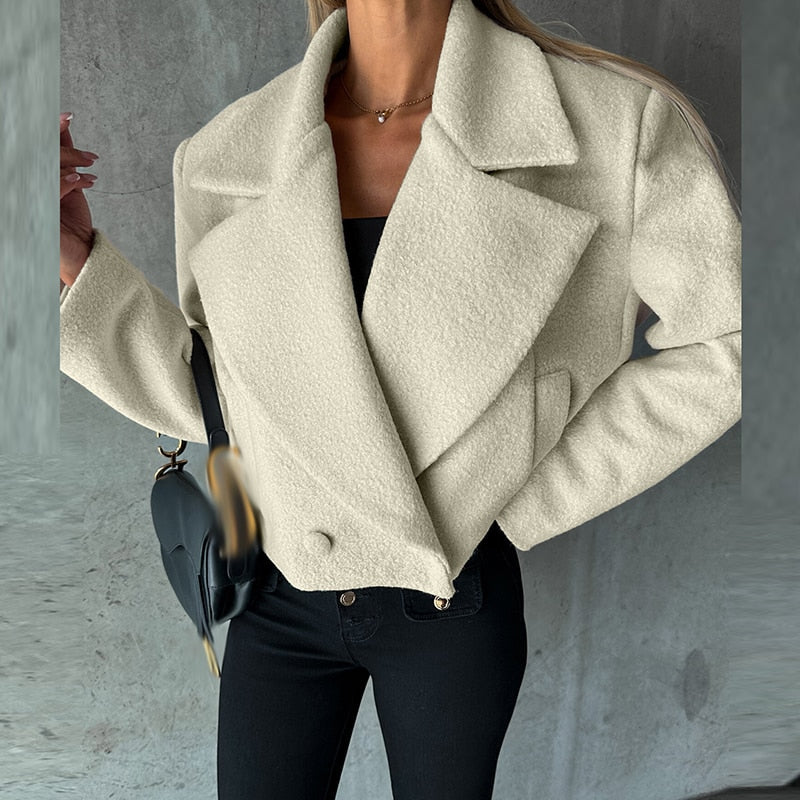 nvxiot Winter Elegant Button Solid Office Outwear Trend Wool Turn-down Collar Coats Autumn Women Casual Long Sleeve Woolen Jackets Top