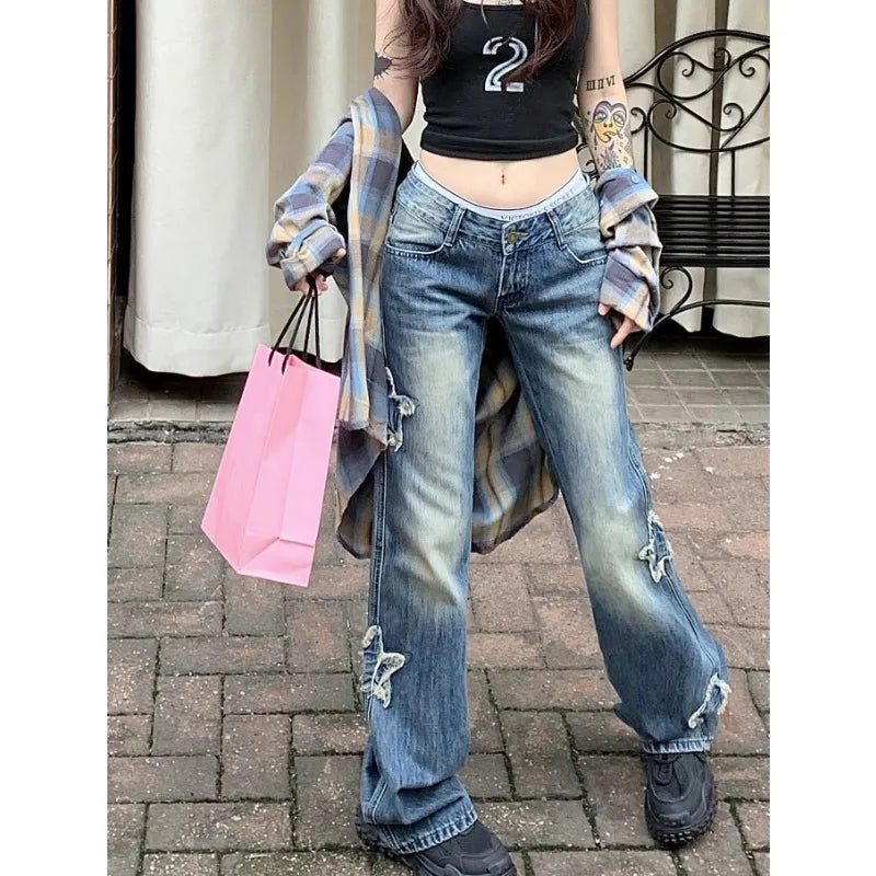 nvxiot Low-rise Star Embroidery Sexy Slim Jeans Women Y2K Autumn New High Street Fashion All Match Denim Wide Leg Pants