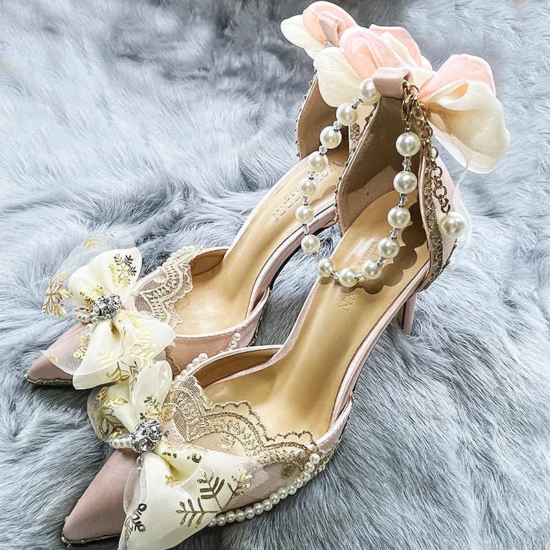 nvxiot Original Bride Vintage Lolita Flower Wedding High Heels Tea Party Flower Pointed Bow Tie Women's Shoes Wedding Shoes