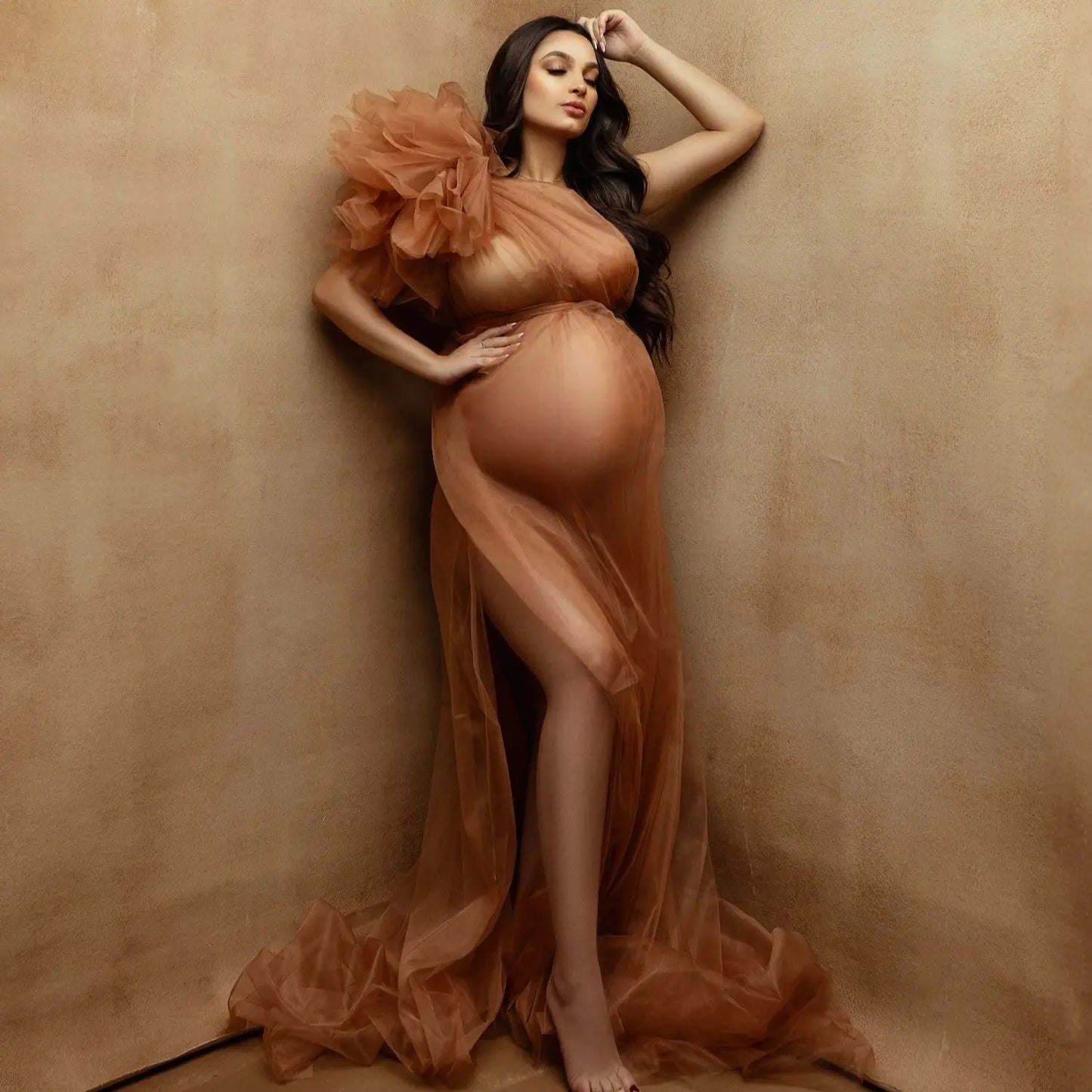 nvxiot  -  Sexy Brown Evening Dresses for Pregnant Women One Shoulder Maternity Photoshoot Robes See Thru Floor Length Baby Shower Gowns