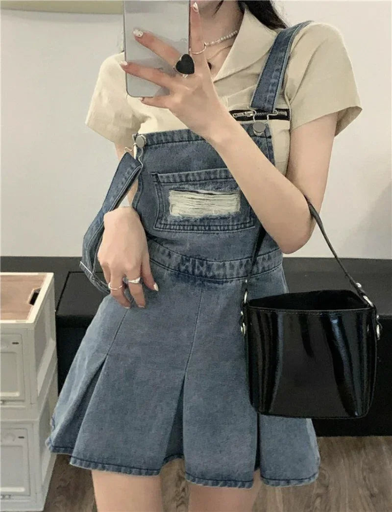 nvxiot-Denim Overall Dresses Women Summer Vintage Blue Elegant Y2k Folds Camisole Pleated Dress Mini Fashion Hotsweet Korean Vestidos