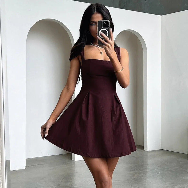 nvxiot-Sexy Backless Sleeveless Slip Mini Dress For Women Folds Solid Elegant Summer Sundresses Holiday Beach Vestido Clothes