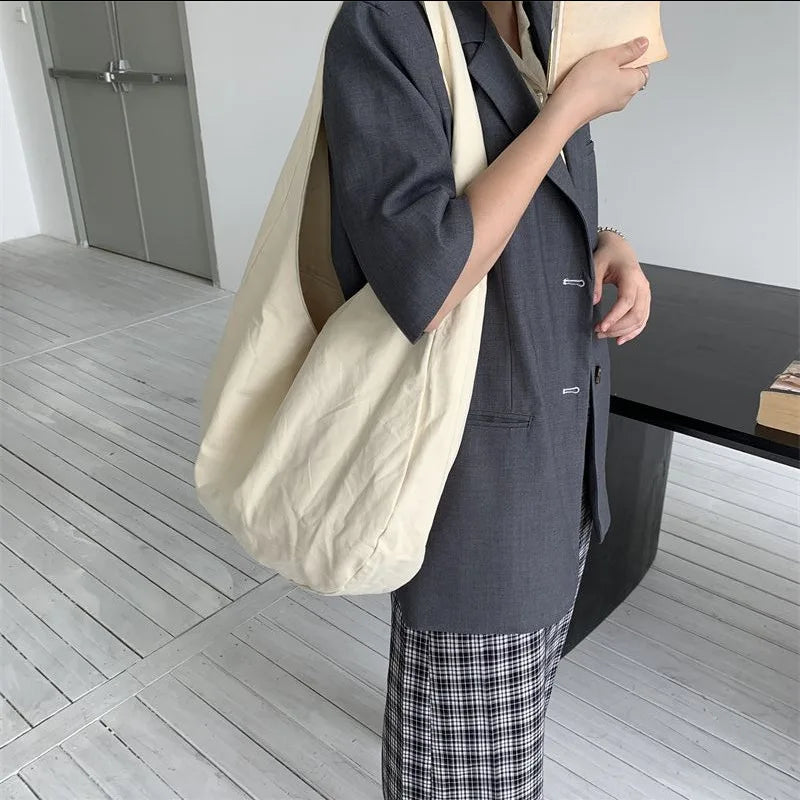 nvxiot Large Capacity Women's Canvas Shoulder Bags Retro College Girls Travel Casual Tote Handbags Simple Portable Female Shopping Bag