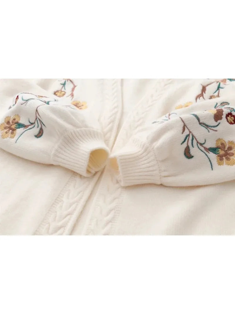 nvxiot  -  Japanese Mori Girl Autumn Winter Women Sweater V Neck Beige Blue Knitted Cardigan Elegant Floral Embroidery Warm Sweet Outerwear