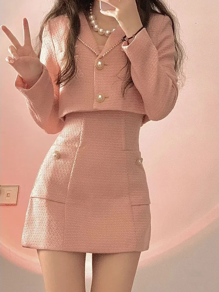 nvxiot stylish dress Pink Vintage Elegant Two Piece Set Women Japanese Sweet Y2k Casual Mini Dress Set Female Chic Coat+ Solid Designer Dress 2024