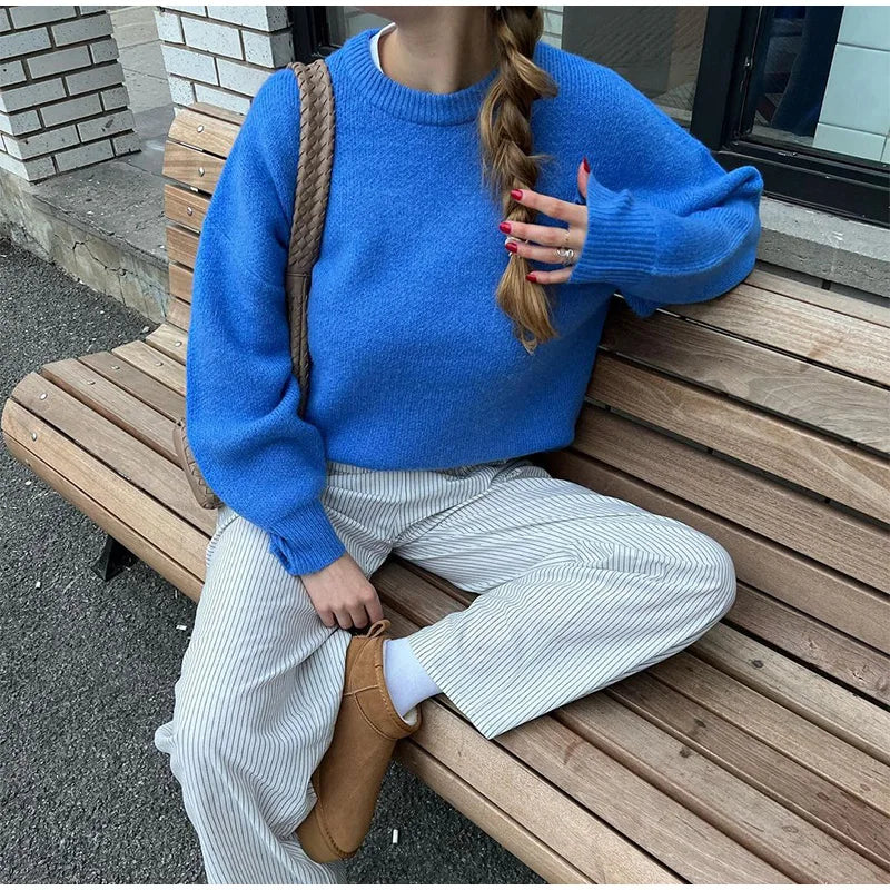 nvxiot Solid Round Neck Long Sleeved Sweater Women Loose Warm Knitwear Pullover Autumn Winter Fashion Female Commuter Jumper