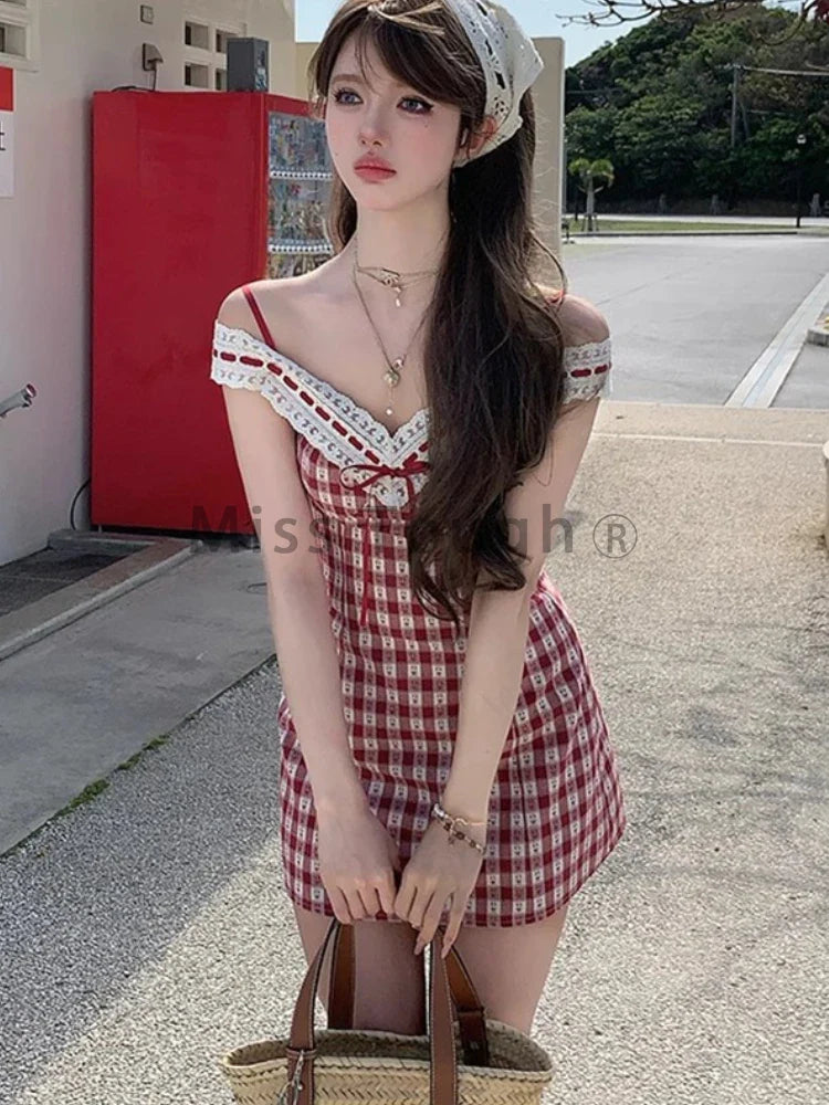 nvxiot Stylish Japanese Plaid Kawaii Strap Dress Women Lace New Korean Casual Y2K Mini Dress Female V-neck High Waist Cute Clothes 2024 Summer