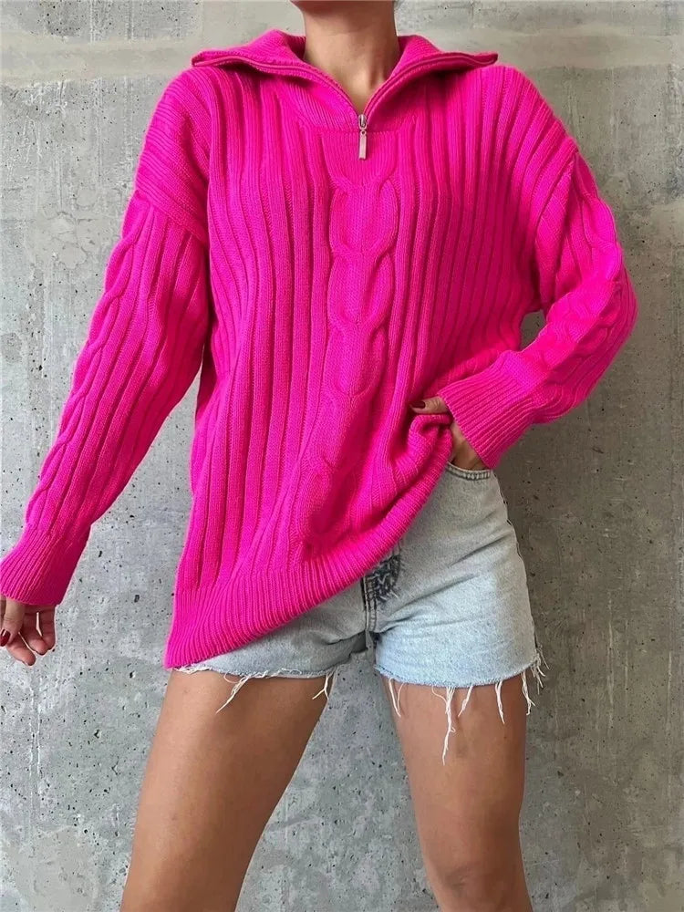 nvxiot Autumn Winter Thicken Warm Women Sweater Elegant Fashion Solid Zipper Turn-down Collar Casual Knitted Pullovers Jumpers