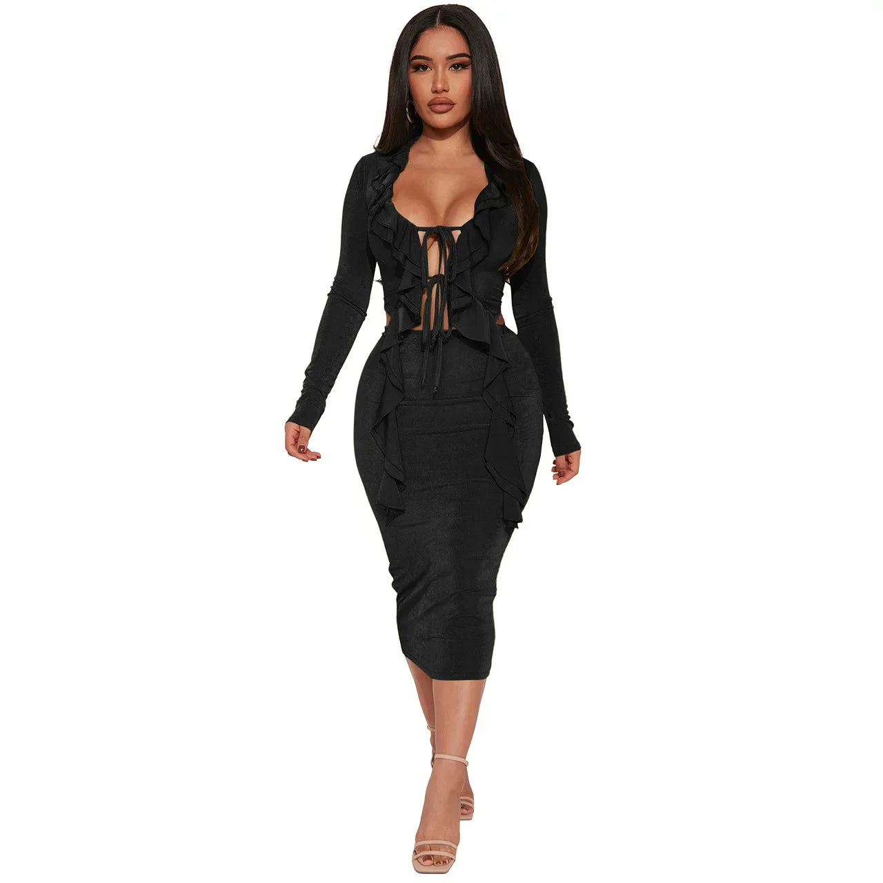 nvxiot  - Elegant Sexy Solid Ruffles 2 Piece Set Women Lace Up V Neck Long Sleeve Ribbon Shirt Crop Top High Waist Slim Bodycon Maxi Skirt