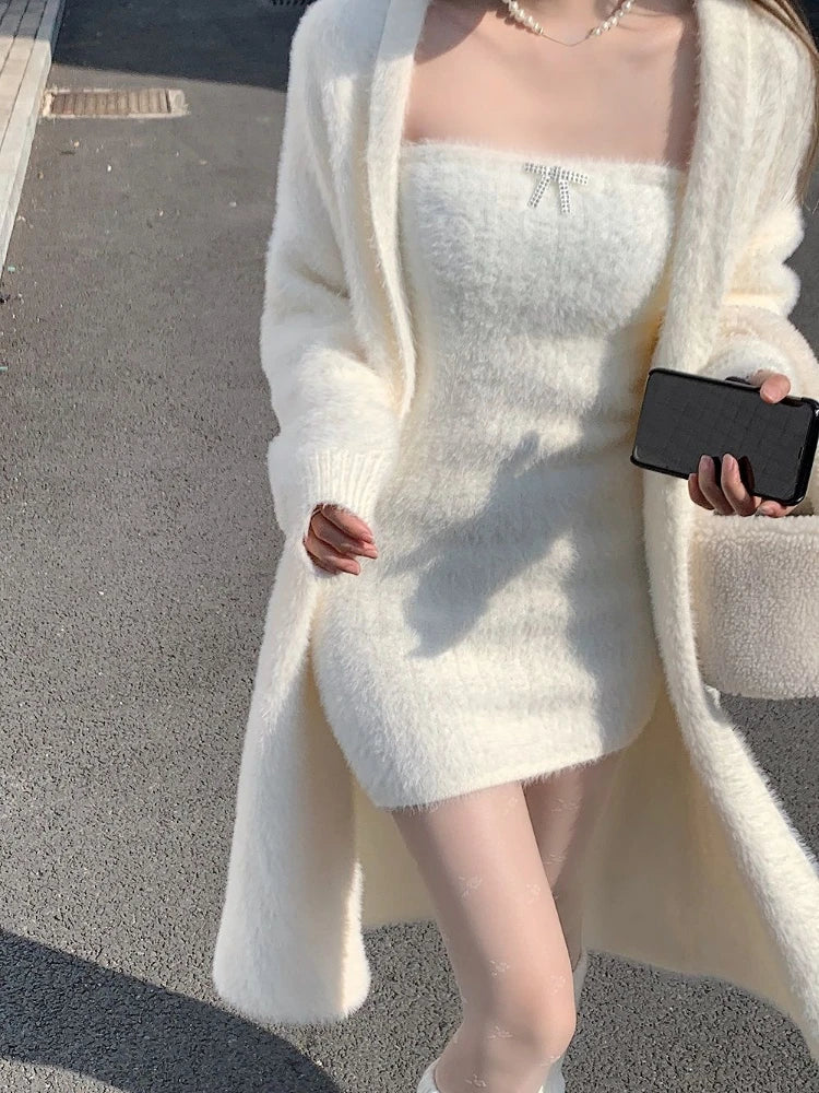 nvxiot 2024 Winter Knitted Suits Women Y2k Clothing Korean Fashion 2 Piece Dress Sets Female Casual Cardigan Coast + Mini Dress Vintage