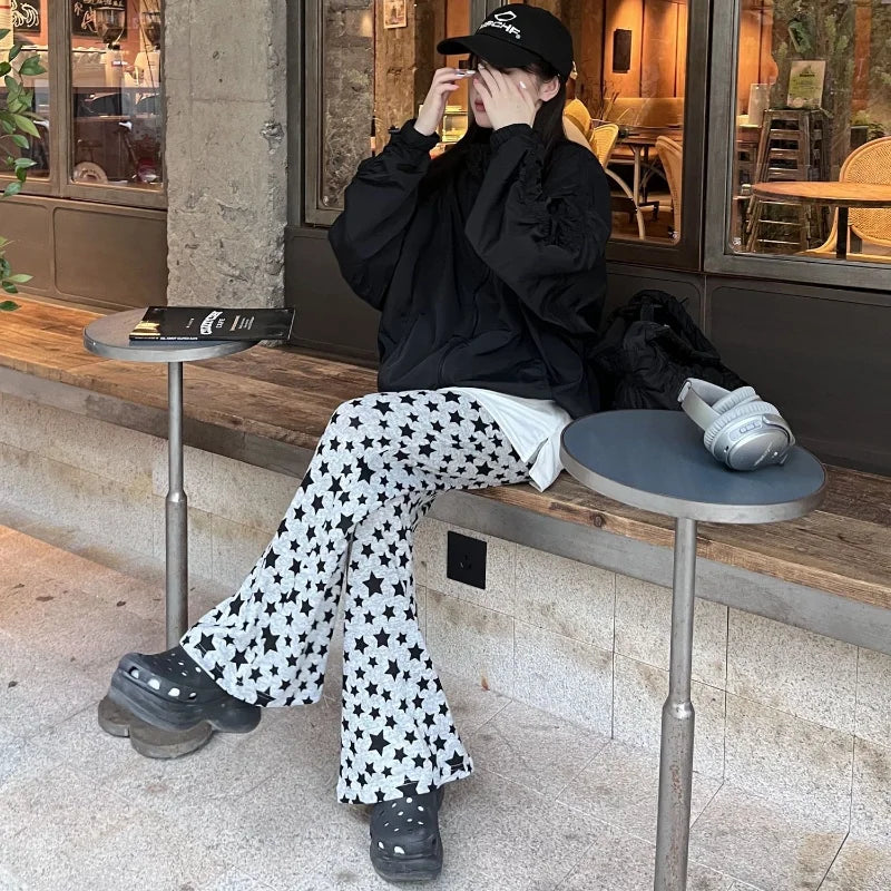 nvxiot -  Star Print Flared Pants Women New Fashion Loose Drape High Waist Casual Pants American Retro Trend Striped Wide leg Pants