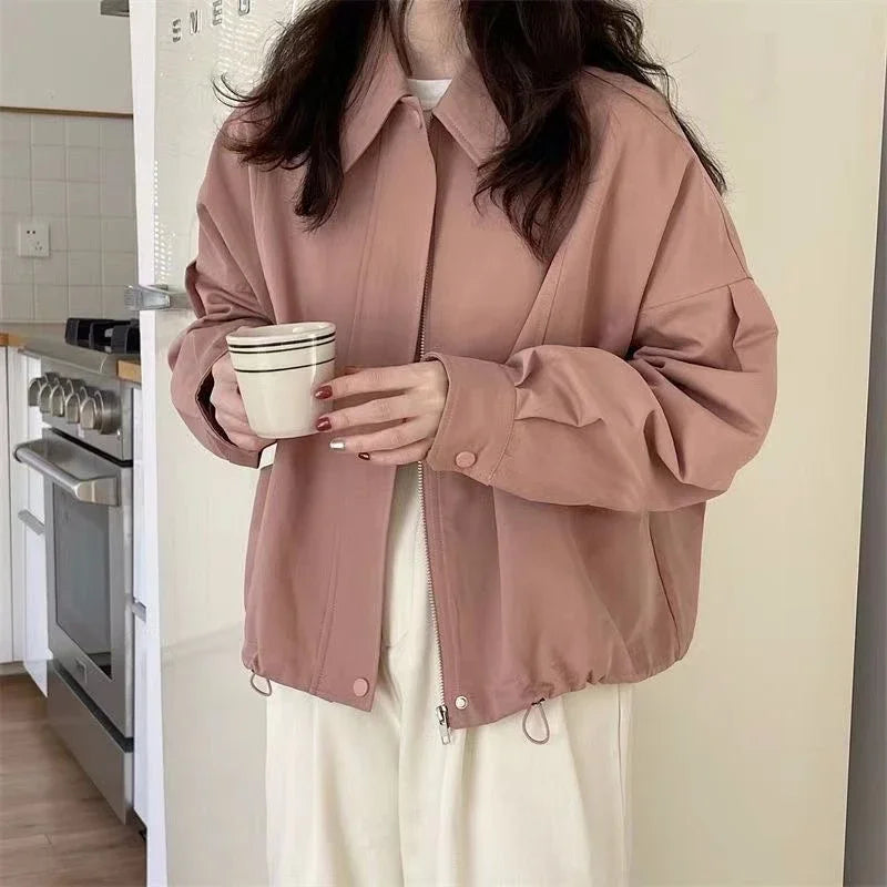 nvxiot stylish dress 2024 Spring and Summer New Casual Jacket Women  Korean Fashion Simple Drawstring Retro Lapel Loose Thin Jacket Solid Outerwear