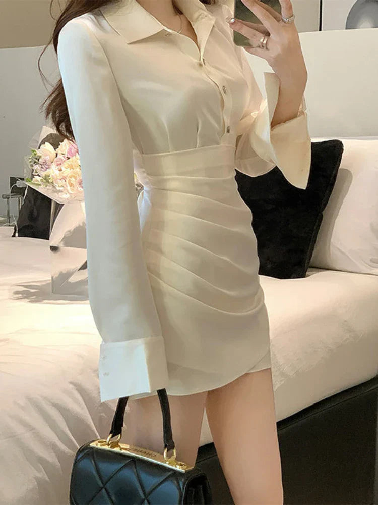 nvxiot-Winter Elegant Satin Dress Women France Button Designer Party Mini Dress Female Korean High Waist Solid Casual Slim Dress 2024