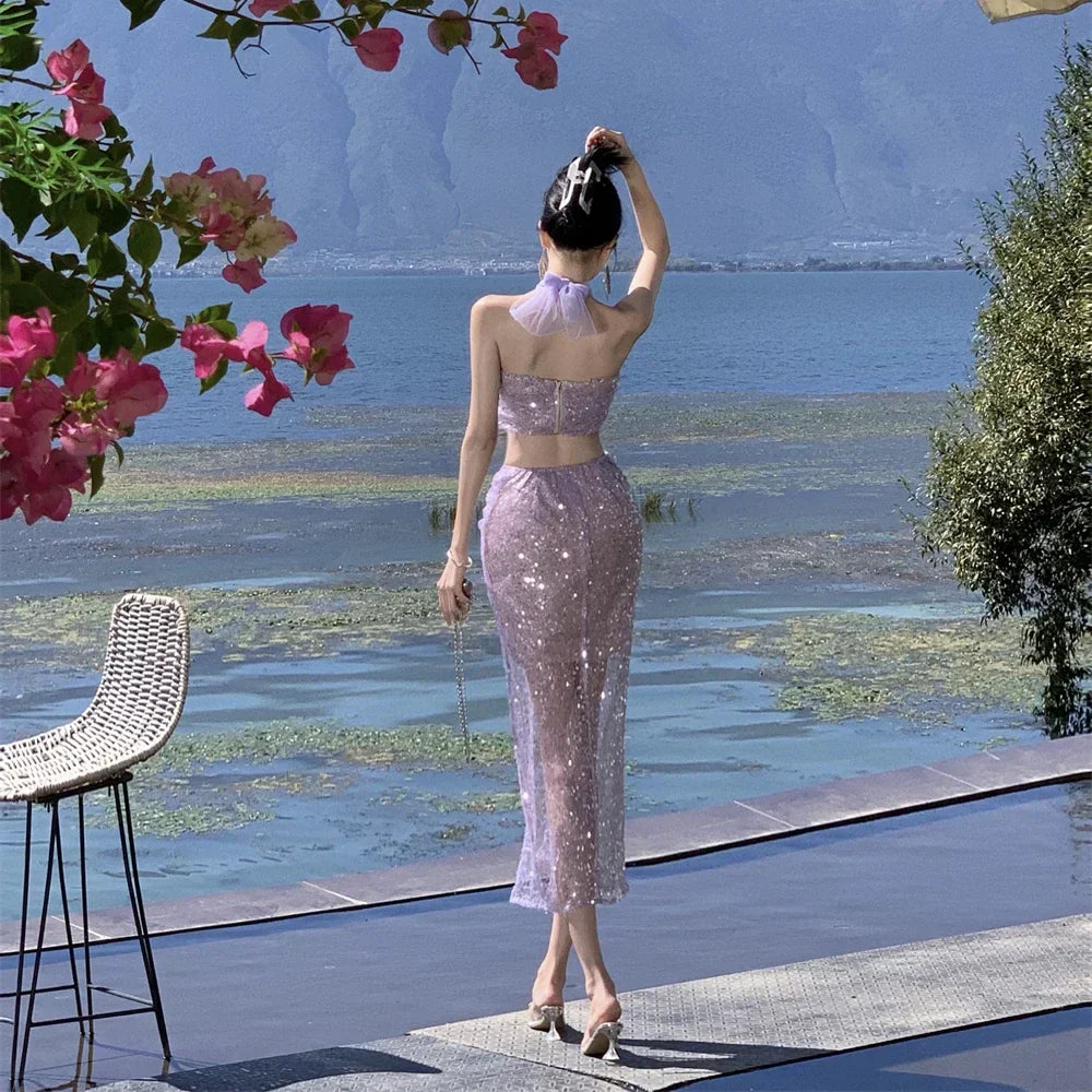 nvxiot-2024 New Summer Purple Sequin Set for Women Sexy Split Half-body Dress Beach Holiday Casual Elegant 2 Pieces Female Clothing