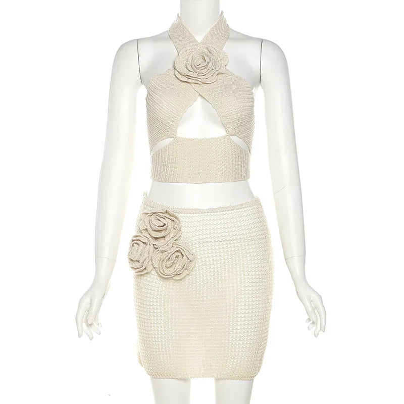 MQTIME  -  3D Flowers Knitted 2 Piece Dress Sets Women Summer Outfits Hollow Out Halter Lace Up Backless Vest Crop Top Mini Skirts Suit