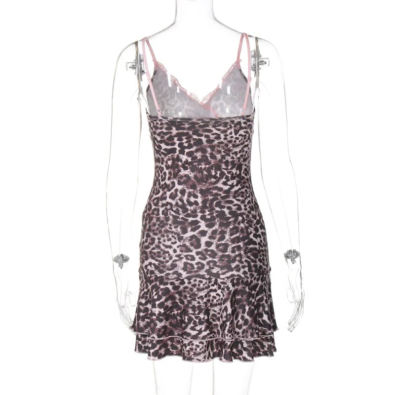 nvxiot Y2K Coquette Leopard Print Strap Mini Dress Sexy V-Neck Cocktail Party Vestido E-girl Fairy Lace Patchwork Dresses 2024