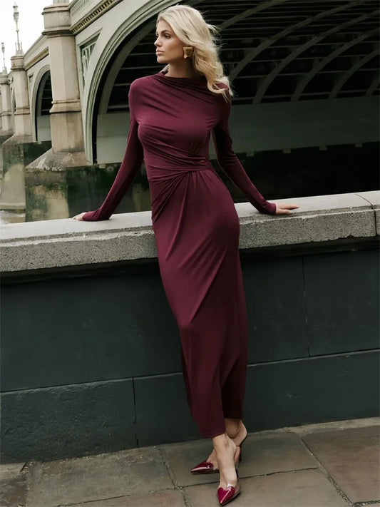 nvxiot  -  Fashion Autumn Pleated Long Dress Female High Waist Slim Bandage Solid Elegant Commute Clothes Ladies Y2k Maxi Dress 2024