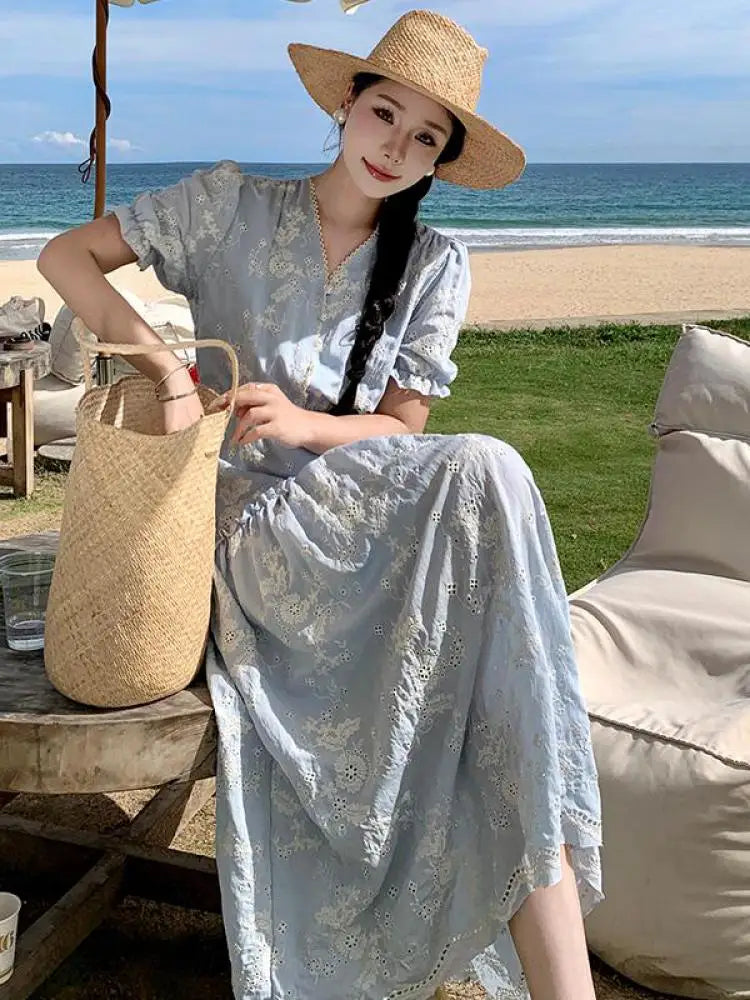 nvxiot  -  2024 Summer Women Sweet Blue Splicing Short-sleeved Embroidered Pleated Dress V-neck High Waist Ruffles Party Long Dresses Boho