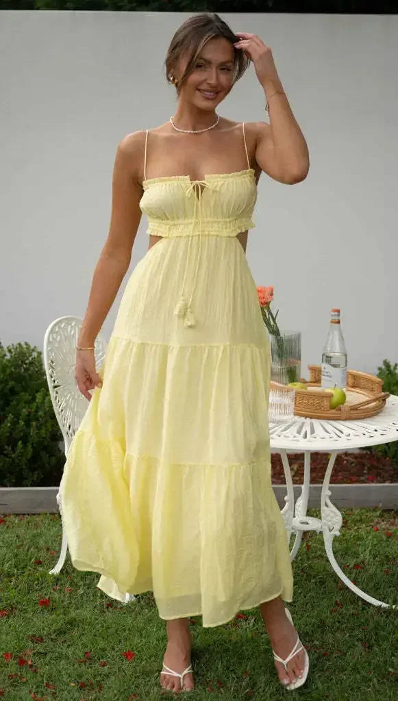 nvxiot Strapless Yellow White Summer Dress for Women Elegant Holiday Beach Boho Maxi Long Sundress Backless Sexy Party Vestidos