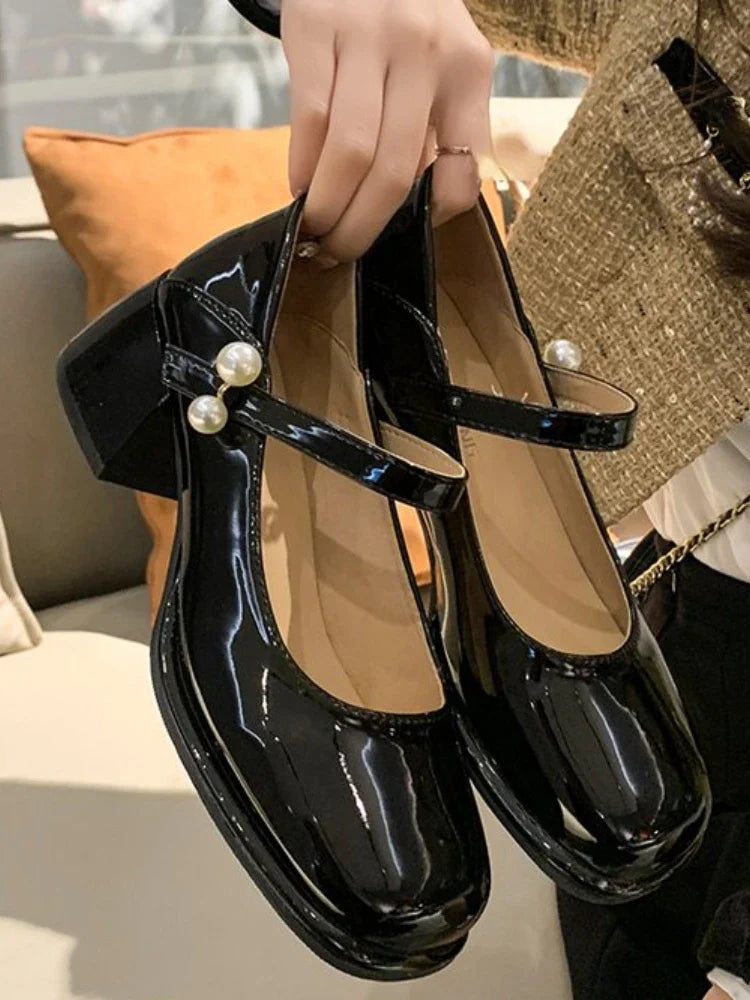 MQTIME  - Vintage France Mary Janes Shoes Women Korean Casual Square Heel Shoes Female String Bead Temperament Leisure Shoes Summer 2024