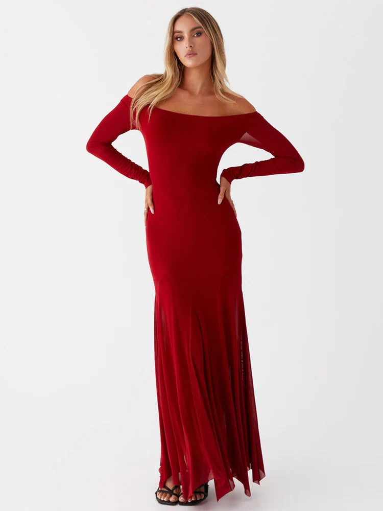 nvxiot Off-shoulder Long Sleeve Sexy Maxi Dress For Women Autumn New Strapless Backless Pleated Elegant Long Dress Fashion