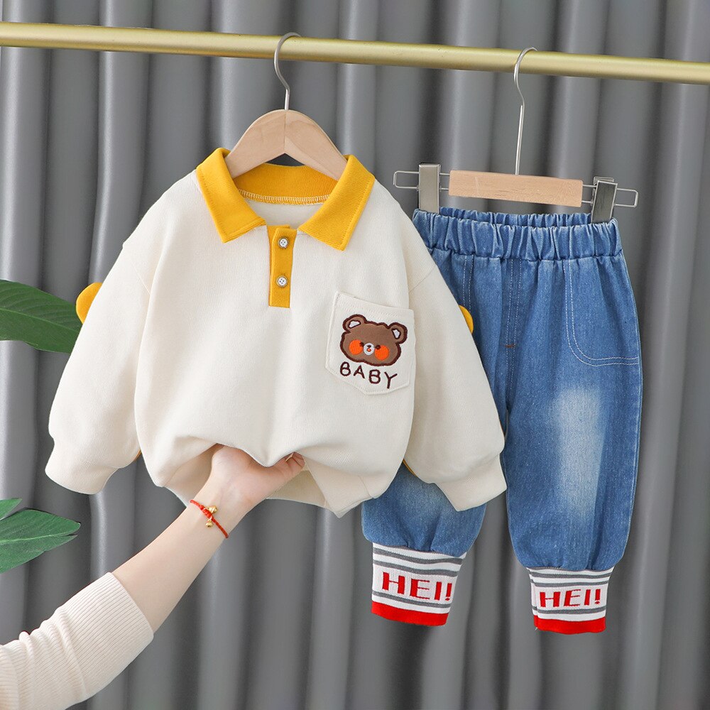 nvxiot Spring Autumn Children Boys Girls 2PCS Clothing Set Embroidery Cartoon Bear Sweatshirts Jeans Pants Baby Girl Sports Suit