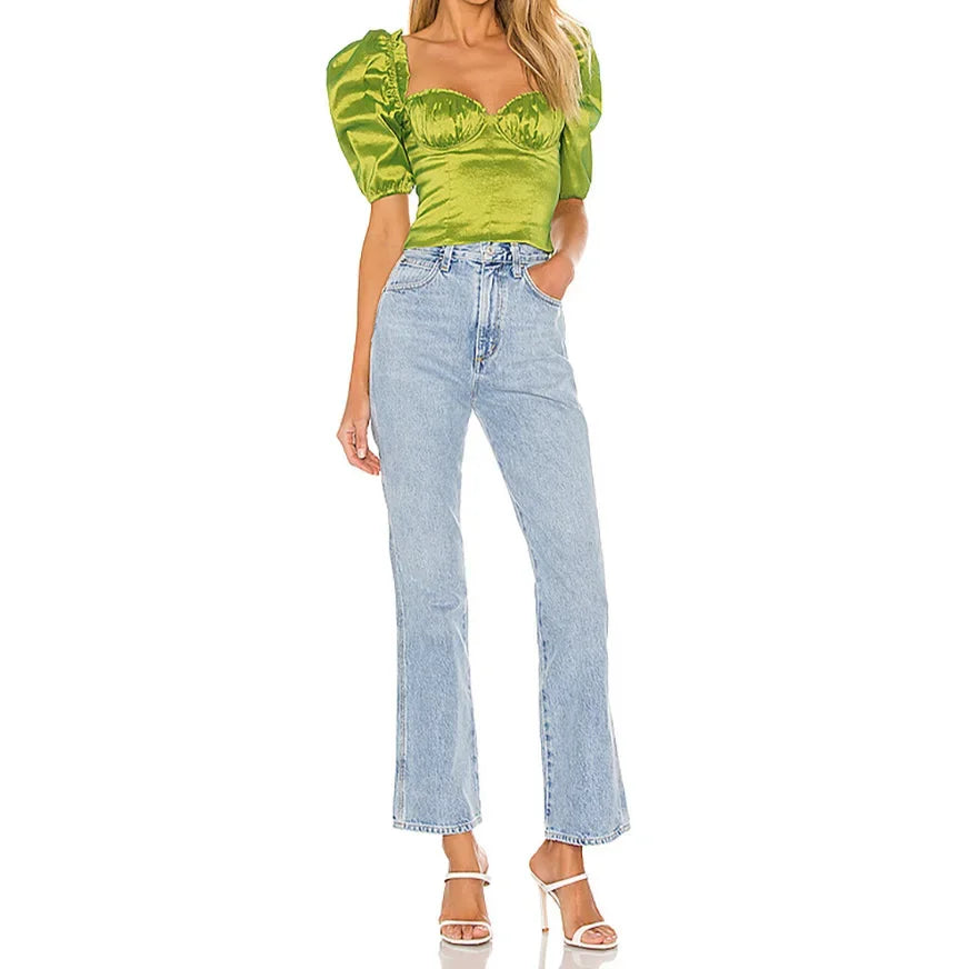 nvxiot  -  Vintage Green Puff Sleeve Sexy Shirts Women 2024 Summer Party Club Wear Cropped Streetwear Fashion 2000s Short Blouse Aesthetic