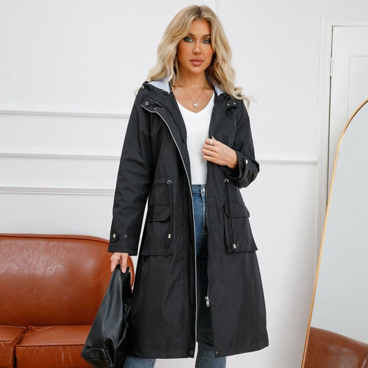 nvxiot New Spring and Autumn Waterproof Long Trench Coats Fashion Loose Thin Coat Women Zipper Long-sleeved Hooded Jacket Cappotti