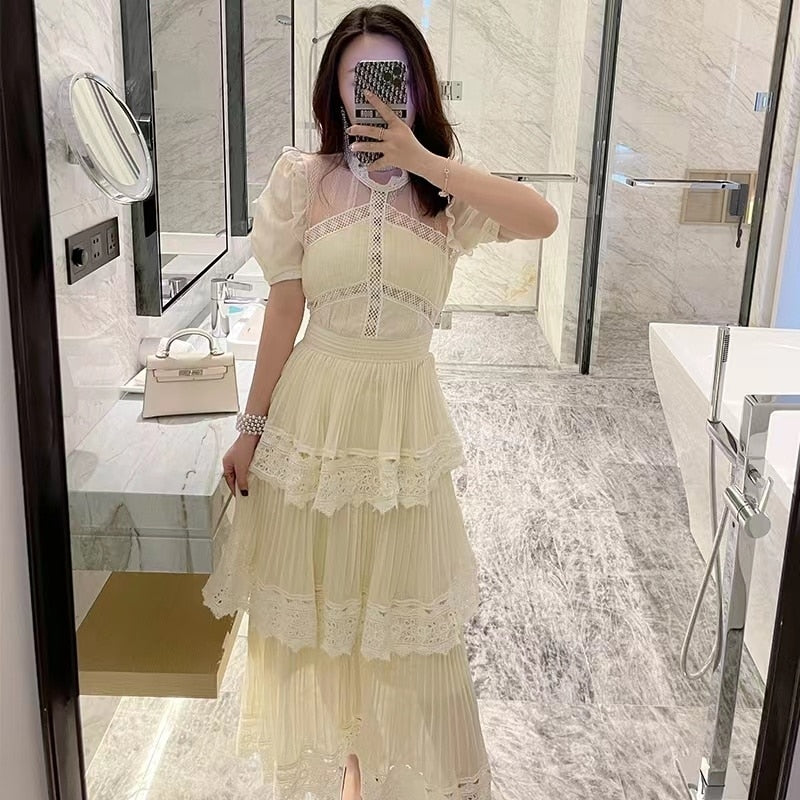 nvxiot Summer Fashion Layer Ruffles Cake Dress Women Flower Embroidery Lace Chiffon Dresses Female Prom Evening Party Night Luxury