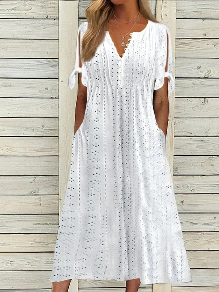 Tavimart Summer Dress Women  New Long Dresses Streetwear Robe Oversize Clothing A-LINE LOOSE Mid-Calf V-Neck  Vintage White Dress