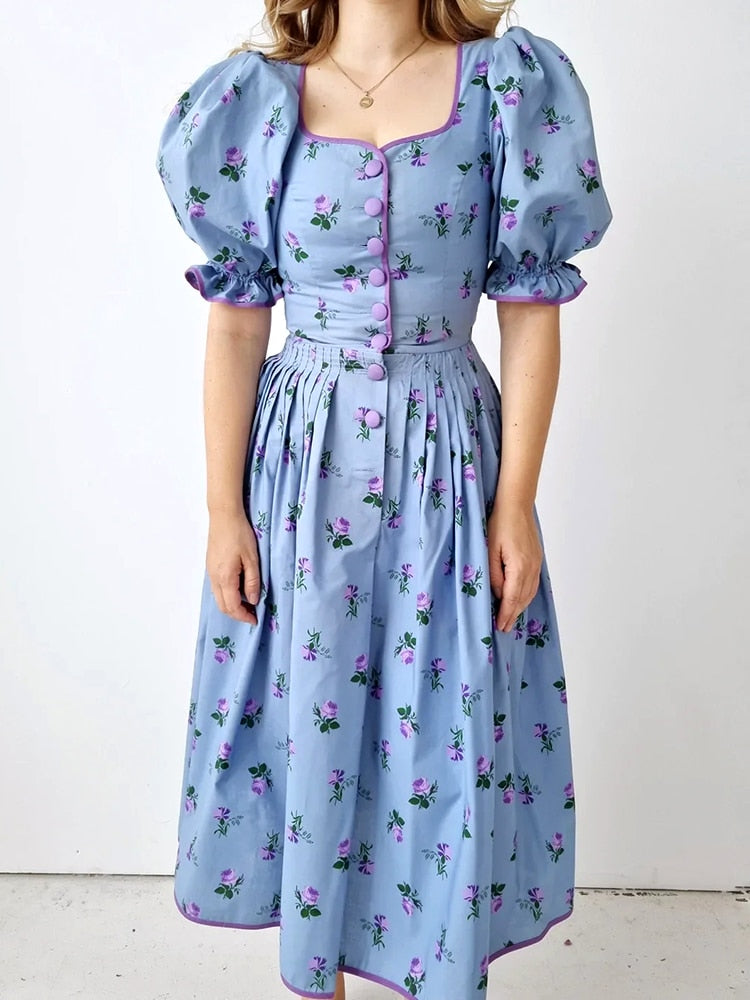 nvxiot Blue Floral Printed Chic Midi Dress French Button Front Summer Elegant Women Dresses Puff Sleeve Party Holiday Vestido