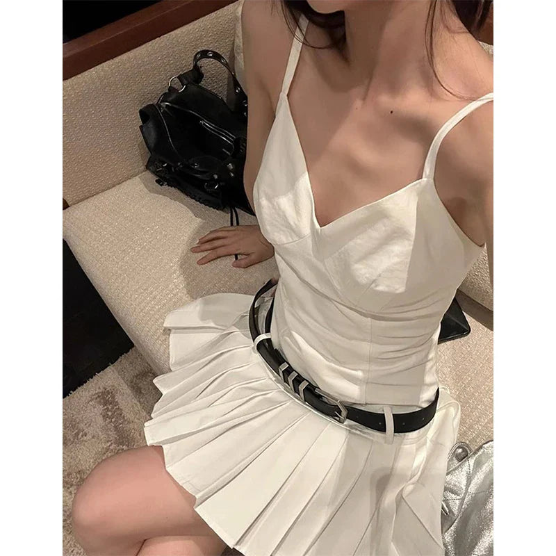 nvxiot Y2K Belt Mini Dress Women Sexy Spaghetti Strap One Pieces Pleated Dresses Korean Party Prom Black White Bodycon Vestidos