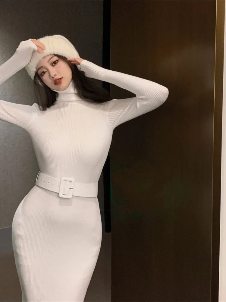 nvxiot autumn winter women solid elegant slim knitted dress korean long sleeve sweater dress office lady midi dress