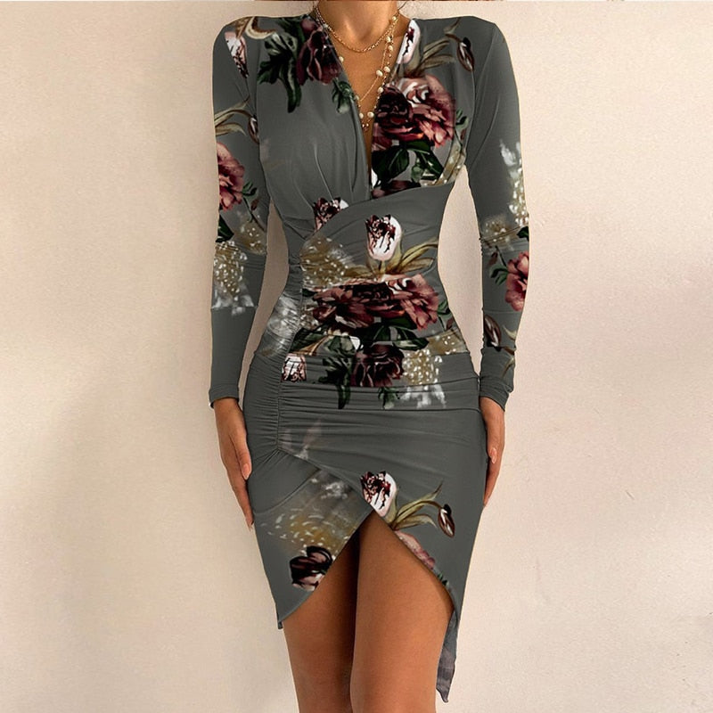 nvxiot school outfit  Sexy Women V-Neck Asymmetric Mini Dress Spring Autumn Long Sleeve Floral Bodycon Dresses Slim Split Party Dress Vestidos