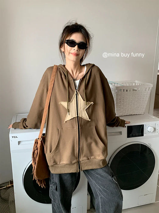 nvxiot Womens Clothing coffee color Harajuku Street Sweatshirt Hoodie Star Printing Long Sleeves Casual Warm Baggy Ladies Tops Autumn