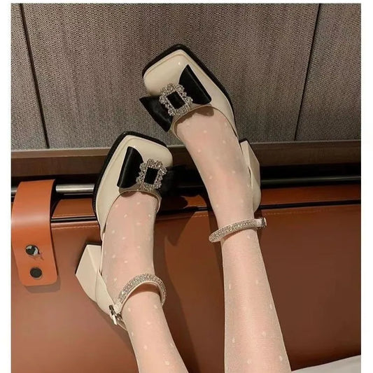 nvxiot Rhinestone Bows Platform Heels Sandals Women  Luxury Women Shoes Pump Square Head Chunky Heel Fashion Mary Jane Shoes