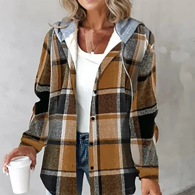 MQTIME  -  2024 Autumn Plaid Printed Women's Jacket Casual Streetwear Long Sleeved Hooded Coat Fashion Single Breasted Commuting Outerwear