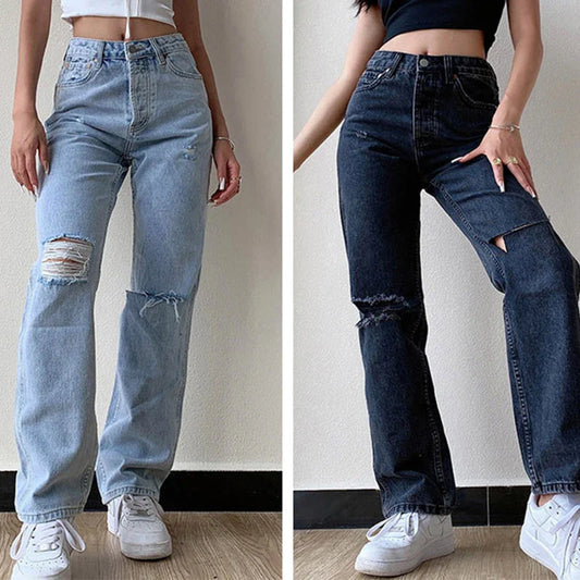 nvxiot new summer women's denim straight casual pants wide leg wash water hole mid waist denim smoke pipe pants women straight