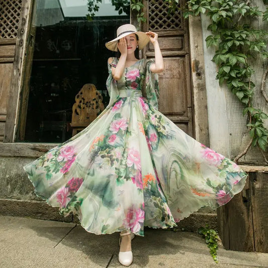 nvxiot French Vintage Slim Floral Print Midi Holiday Princess Dress Elegant Casual Party Fairy Big Swing Dress Women Spring Summer