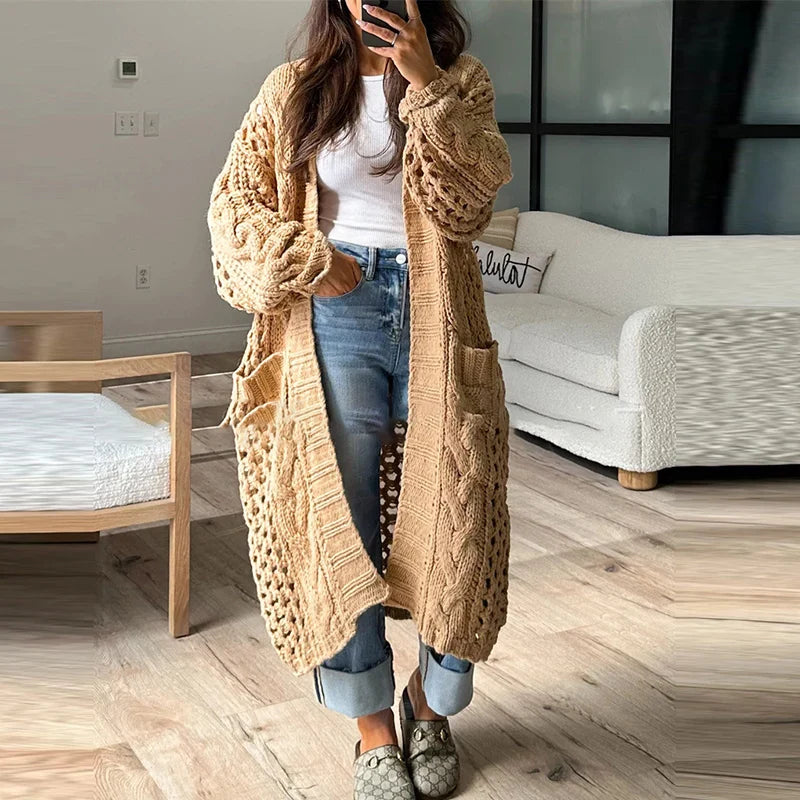 MQTIME  -  2024 Casual Solid Color Pocket Coat Ladies Elegant V Neck Hollow Knitted Cardigan Autumn Winter Thick Warm Loose Sweater Outwear