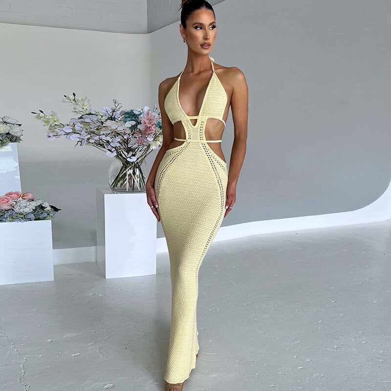 nvxiot 2023 Summer Beach Dress For Women Elegant Sleeveless Backless Halter Lace Up Sexy Boho Dresses White Knitted Long Dress